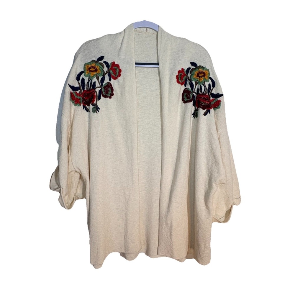 ZARA EMBROIDERED KIMONO Floral Ivory Cardigan M BOHO Chic Grandmacore Cottagecor - Picture 2 of 11